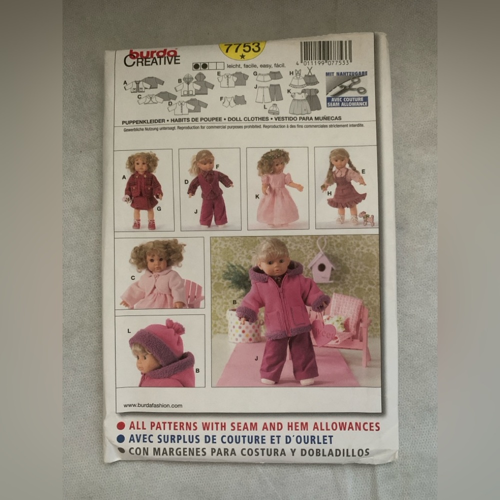 New Burda 7753 Doll Clothes Sewing Pattern